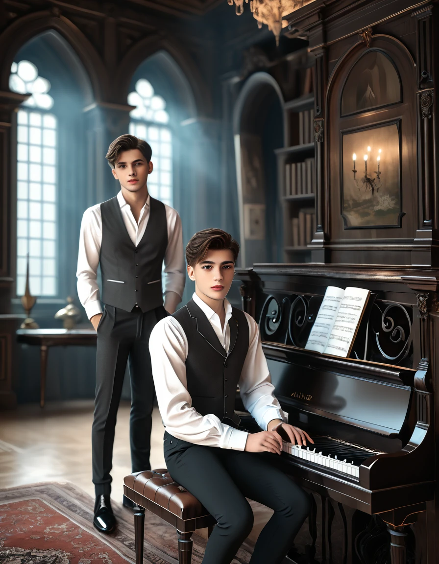 sketch man sits at the piano and plays it for a girl writing a melody for her man he is 22 years old  ((with brown eyes)), Beautiful, brown short hair in a white shirt,  dark gray classic vest , black trousers , ((( and next to a man leaning on the piano is )))  a 22-year-old girl with brown long flowing straight hair and blue eyes ,  in a short emerald colored modern fashionable sexy beautiful dress with round sleeves voluminous against the Arafed background room with a piano and a window in it, gothic epic library concept, gothic epic library, gothic library, alchemist library , unreal engine render concept art, castle library, dusty library,  unreal fantasy art engine, ancient library, library of ruina concept art, photorealistic dark concept art,  dramatic lighting . concept art, inside a castle library, Старая библиотека photo realistic illustration, hyper realistic illustration, realistic illustration, photorealistic detail , hypper realistic illustration, extreme realistic detail, photorealistic detail ed picture, с unreal engine render concept art, ), Ultra-detailed and beautiful face,( Gentle facial expression :1.1),translucent white skin,(Реалистичный skin texture:1.1), , Bold design , Art design ,Beautiful and detailed pattern, Detailed fabric texture, ((1 man, 1 girl)) (romantic sensual scene for a novel :1.1)