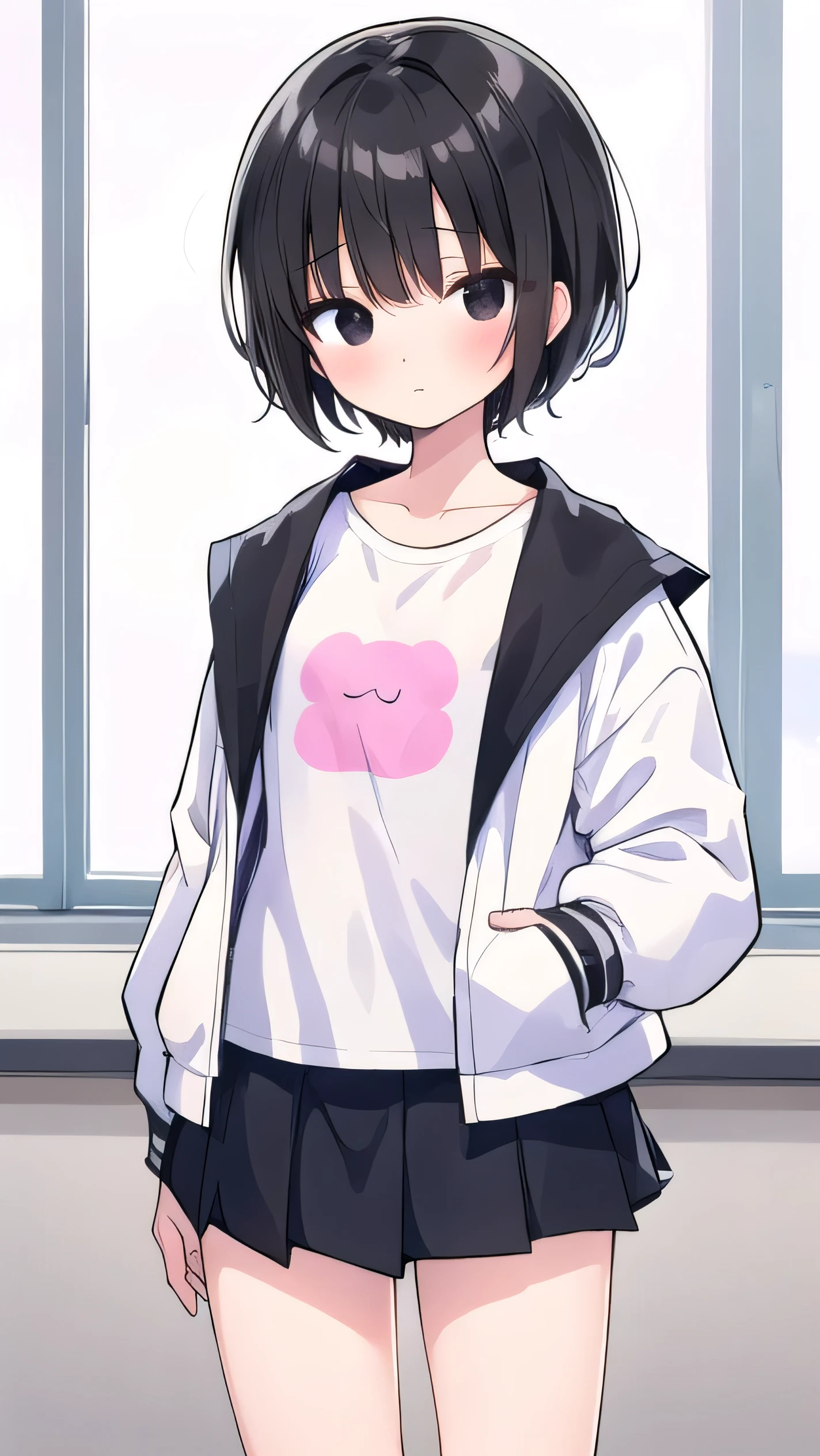 Anime girl in a white shirt and black shorts standing in front of a ...
