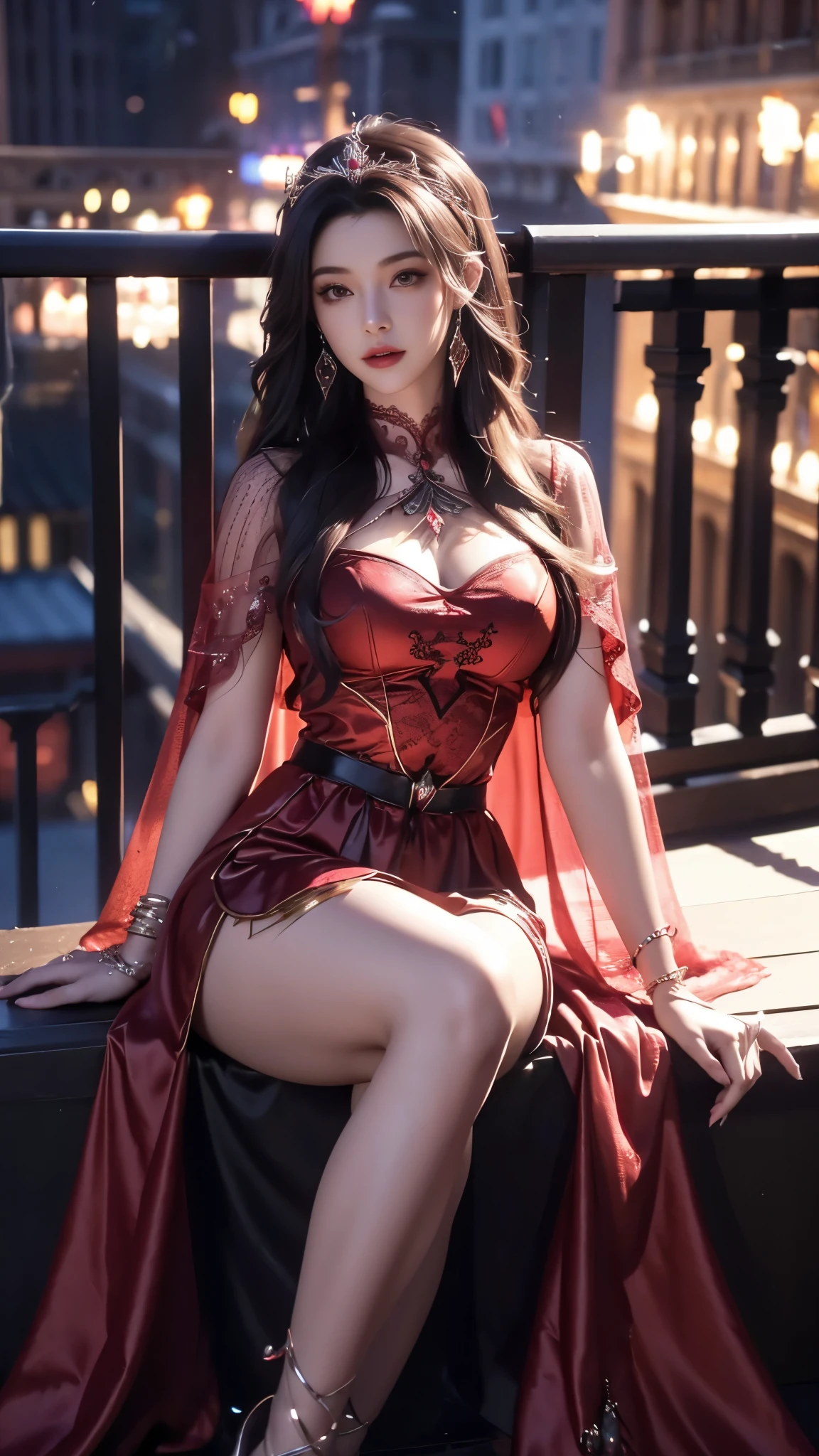 4K, UHD, masterpiece, solo girl, good face, detailed eyes, detailed lips, very long hair, straight hair, very long hair, beautiful hair, bride hair ornaments, hairband, sexy bun with ponytail hair, ((fantasy mage bride dress), (photorealistic:1.5), (Realistic big breasts:1.35), (Slender six pack abs), (smile), ((NSFW:0)), ((busty Cleavage)), ((( enchanting body, red lipstick, stockings, English courtyard, bold dress, d-cup, breast focus, closeup))), ornaments, necklace, earring, high lighting, depth of field, ray tracing, ultra-realistic detail