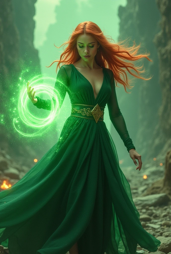 It's a powerful spell that creates a magical barrier to protect., A woman using green magic to summon a magical shield perfect for the fantasy world.