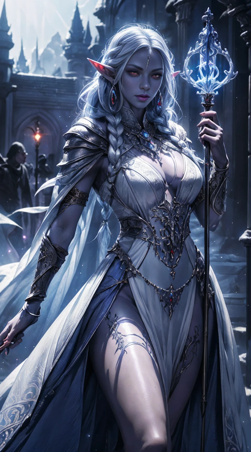 Designed by nty, one , alone, 8K, super high quality, Albino demon girl standing, dark clothes, Photographed from a distance, ( long white hair:1.3) , purple rose bush, (Rainbow gradient bioluminescent dress), Blue turtleneck sweater with tulle skirt, blink ,(long and complex horns:1.2), White background, colorful clothes, intricate details