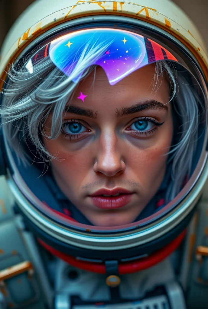 (Close-up of a better masterpiece:1.5)0.9], (Space and astronauts:1.2) (Messy silver hair:1.1) (Heterochromia xanthochromia and blue eyes:1.2) (Space Helmet:1.0) (Colored stars in the eyes:1.0) (A radiant glow:1.1) (thick lips:0.9)