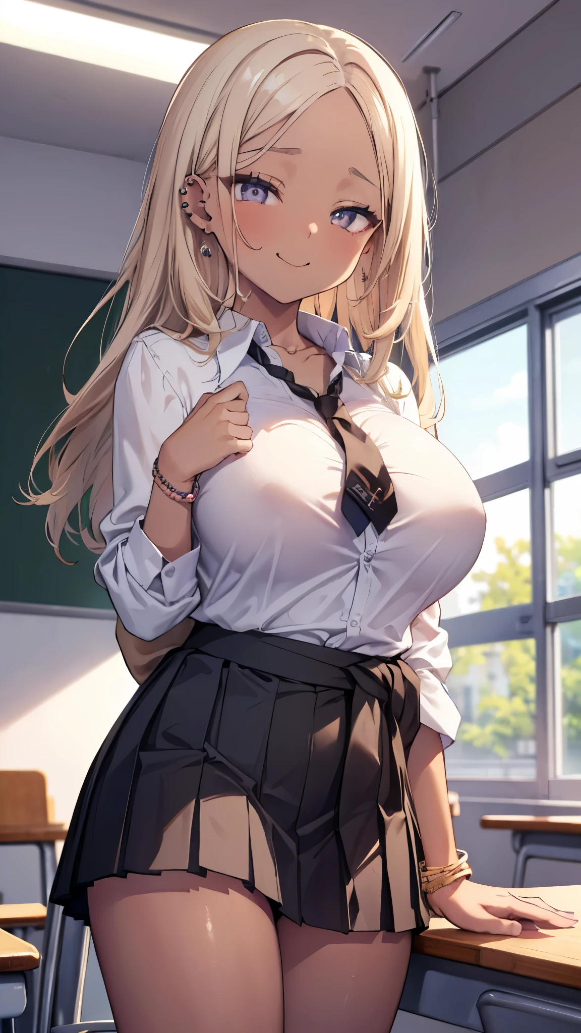 ((masterpiece、 best quality、 very detailed ))、 one girl 、improve、(( brown skin :1.3))、Blonde、 long hair、((asymmetry bangs))、swept bangs、((forehead))、parted bangs、 gray eyes、evil smile、((lots of piercing))、(( Big Breasts ))、((clavicle))、(( white collared shirt))、 bracelets staring at the viewer、(( black pleated skirt))、((micro miniskirt))、((cardigan around waist))、 cowboy shots、 Classroom Background