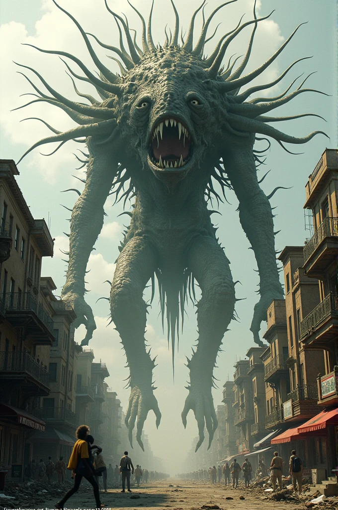 A tentacle monster running in alleyway urban city breaking and destroying crawling an army group chasing running screaming crawling on walls demons