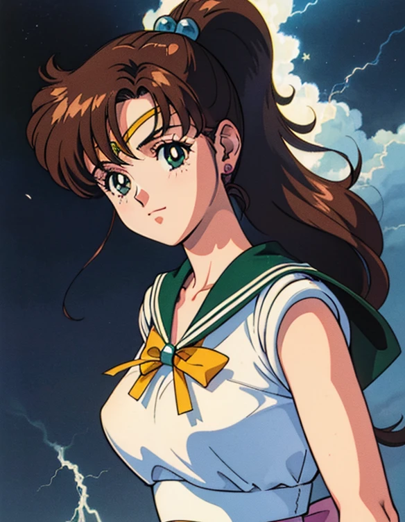  ( best quality, 4K, 8k,  high definition , masterpiece:1.2), Super detailed, (Realistic, photoRealistic, photo-Realistic:1.37) , 1990s \( style \), retro art style , 1990s anime cels  style ,  Sailor Jupiter,  medium breasts, lingerie,nsfw, ponytail, blue lightning spot 1.5,night,(Throw Lightning out of your palm1.3)