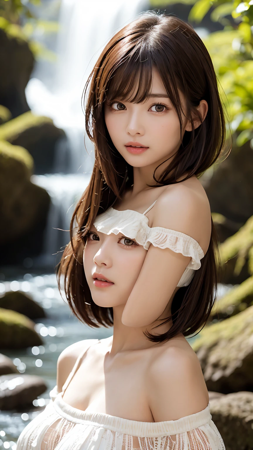 (( Real Light, Top Quality, 8k, Masterpiece: 1.3)), Normal Body Shape: 1.4, (Brown Hair, Colossal: 1.8),sitting , Open Legs, Ultra Detailed Face, Detailed Eyes, Double Eyelids, naked school girls in the white clover field