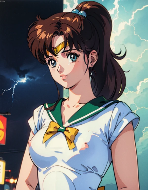  ( best quality, 4K, 8k,  high definition , masterpiece:1.2), Super detailed, (Realistic, photoRealistic, photo-Realistic:1.37) , 1990s \( style \), retro art style , 1990s anime cels  style ,  Sailor Jupiter,  medium breasts, lingerie,nsfw, ponytail, blue lightning spot 1.5,night,(Throw Lightning out of your palm1.3)