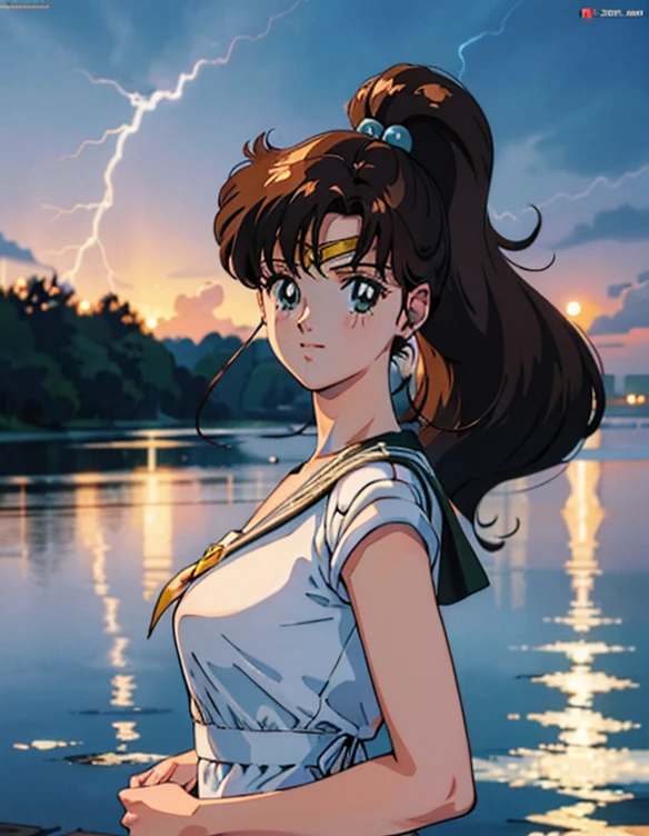  ( best quality, 4K, 8k,  high definition , masterpiece:1.2), Super detailed, (Realistic, photoRealistic, photo-Realistic:1.37) , 1990s \( style \), retro art style , 1990s anime cels  style ,  Sailor Jupiter,  medium breasts, lingerie,nsfw, ponytail, blue lightning spot 1.5,night,(Throw Lightning out of your palm1.3)