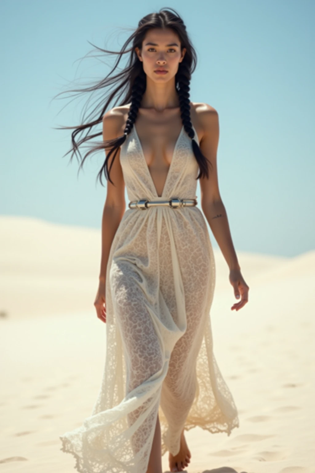(Photorealism:1.1) desert, beautiful woman, Blue eyes, arabic facial features, black long hair, god, Long legs, bare legs, pose in gender turnover, gloomy atmosphere, black high rocks, long white dress, long train of the dress, Blood on the dress, barefoot, high detail, long shot, strong wind, sandstorm
