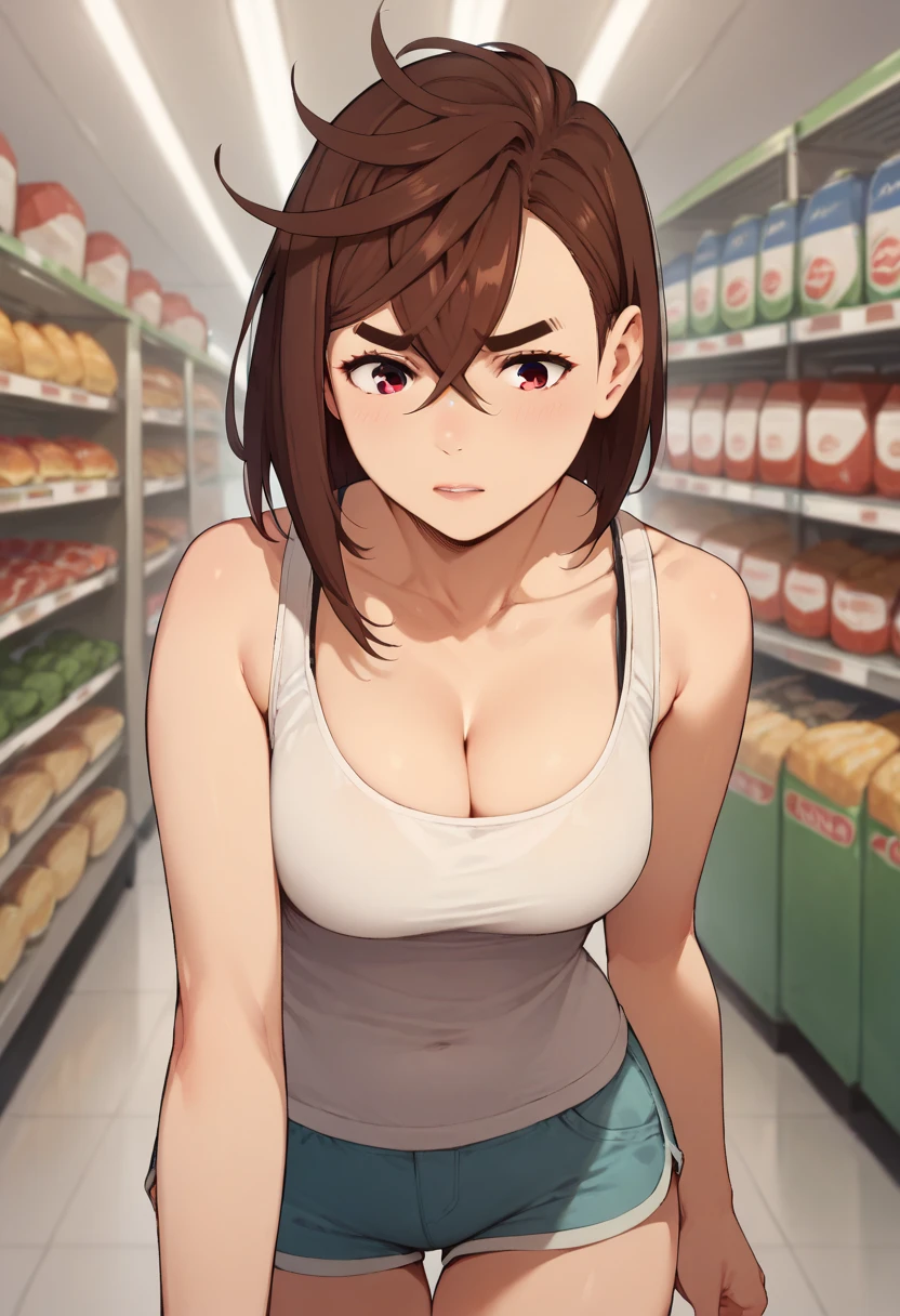 momo ayase, short hair, brown hair, brown eyes, bangs, thick eyebrows, medium breasts, breasts, BREAK, supermarket, bra peek, cleavage, tank top, shorts, bra peek, BRA PEEK