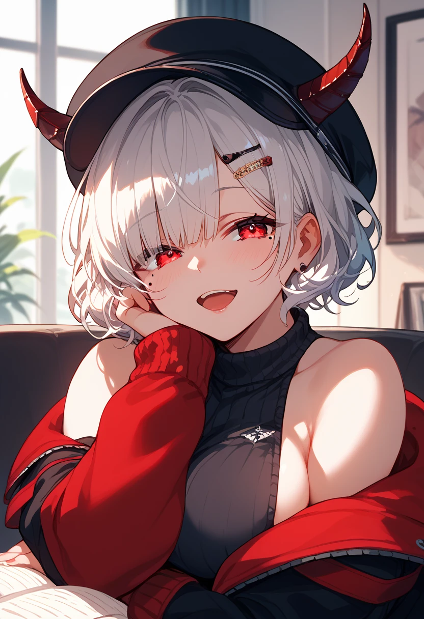 an anime girl with short curly hair is in a black and red clothes with a big black strap on,, 1girl, breasts, mole under eye, mole, hair ornament, looking at viewer, hairclip, black headwear, large breasts, short hair, sweater, sideboob, solo, head rest, black sweater, open mouth, indoors, sleeveless,red eyes, horns, white hair,straight face, jacket,open jacket, open clothes, off shoulder, bare shoulders,