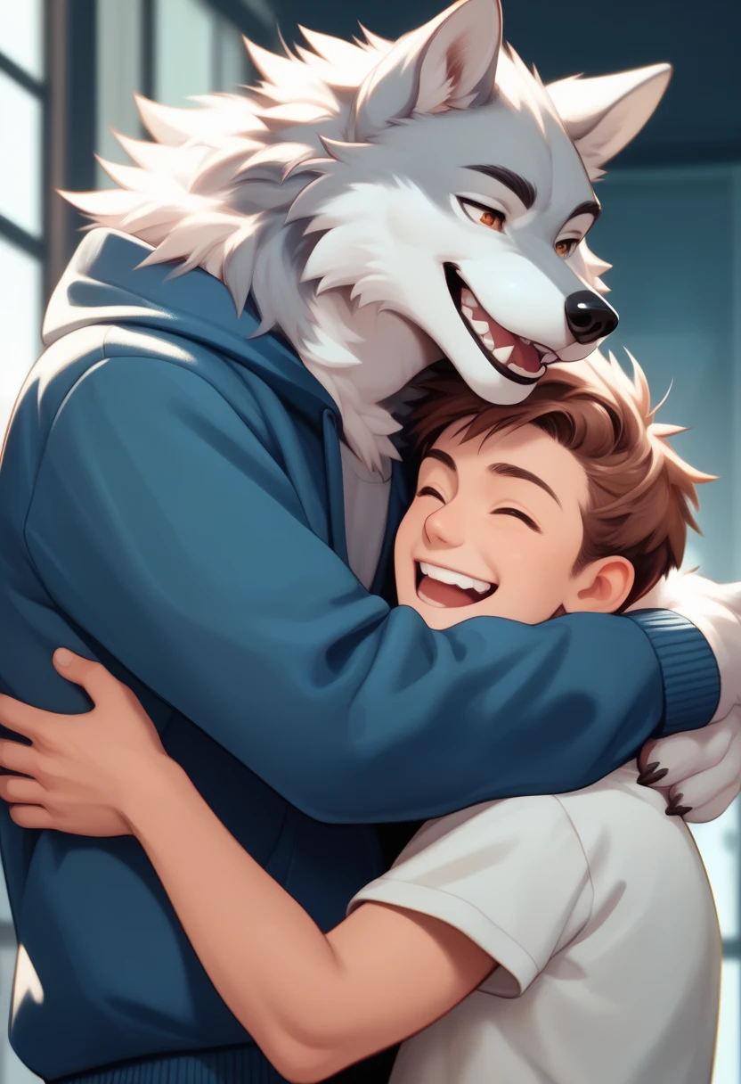 duo, anthro, anime, furry and human, wolf hugging human boy character, laugh, illustration, (furrydalle:1.3),((best quality:1.3)