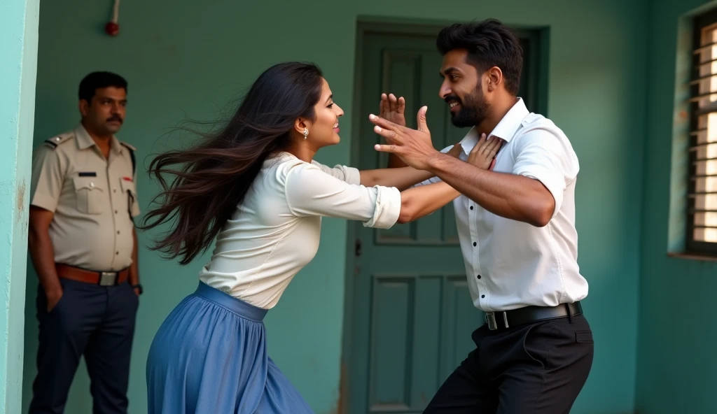 Create a scene where inside a room a fair, smiling and beautiful Indian woman in black satin salwar is carrying a large man on her shoulders, man is sitting on her shoulders , dynamic lighting