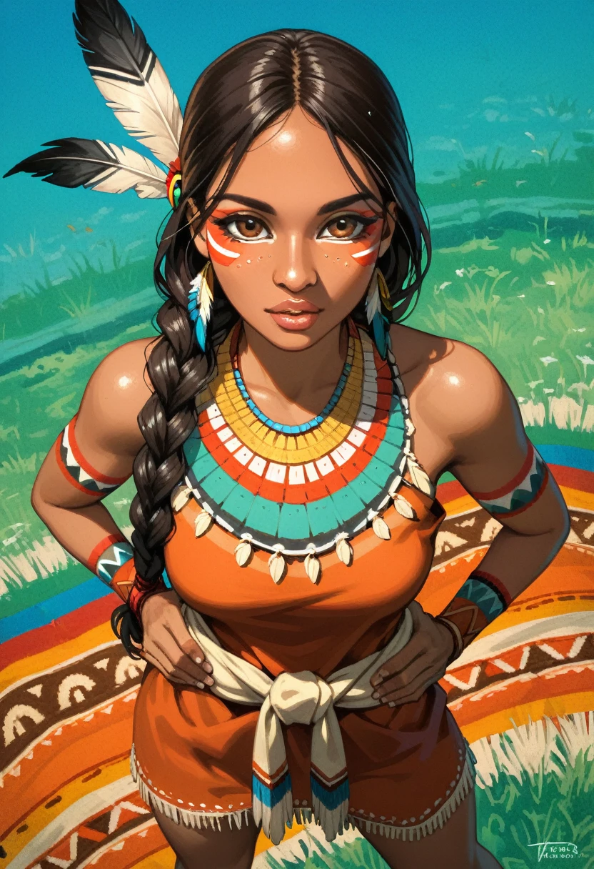 score_9, score_8_above, score_7_above, score_6_above,  1 , ((18 years old:1.2)),(The best quality, High resolution, Ultra - Detailed,real),native american ( Native American wild Indian :1.4), adult,  full lips , big light eyes, light blue eyes, ((by Rubio:1)), ( long braided wavy hair native Indian: 1.2), (female Native American:1.4) ,( native indigenous feathers  :1.4), (facial details: 1.5,  shiny brown eyes, beautiful face, beautiful eyes, visible thighs, short brown dress exposing shoulders , vestido above da coxa, (with separated legs,standing, Open Legs , hands around waist  :1.3) , ( bright colors), , (meadow background  :1.4),perfect anatomy 