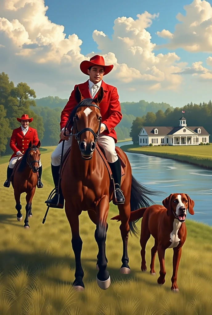 ultradetailed illustration of fox hunting scene, fullbody, gorgeous, slender, young, latino man, ridding a beathifull horse, male gaze. wearing black boots white pants red jacket red hat, foxhound dogs, plantation house, river, front view, fine art, smooth, very sharp focus, bathing in light, ultra realistic illustration, ultra hd, realistic, vivid colors, highly detailed, UHD drawing, blend mix photo and painting, perfect composition
