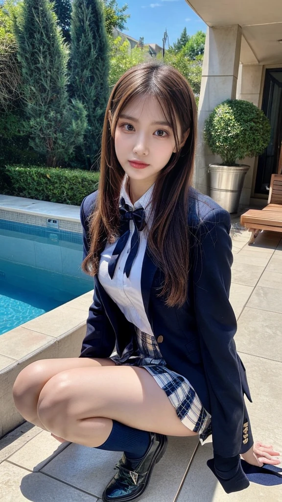 (8k,   Uncut Pictures  , top-quality, ​masterpiece:1.2),  masterpiece 」,  best quality, Illustration, Super detailed,  Sex,  high definition , 8k,wallpaper,  perfect dynamic composition,(Detailed high quality,  Realistic Eye Depiction:1.3),  The background is a luxury hotel room、  high school girl uniform、 blazer 、  Super Short Check Uniform Skirt  、Navy blue high socks、 garter belt 、Colossal 、Disturbed Uniforms,  short bob hair,  black hair color, Big Breasts,  big natural color lips,  bold and sexy pose taken in a mansion pool, ( Perfect figure ), Crying a little、 Beautiful Makeup,Sparkly Makeup,The cutest 18 year old,  beautiful legs,  hposing gravure idol ,  Full Thighs 