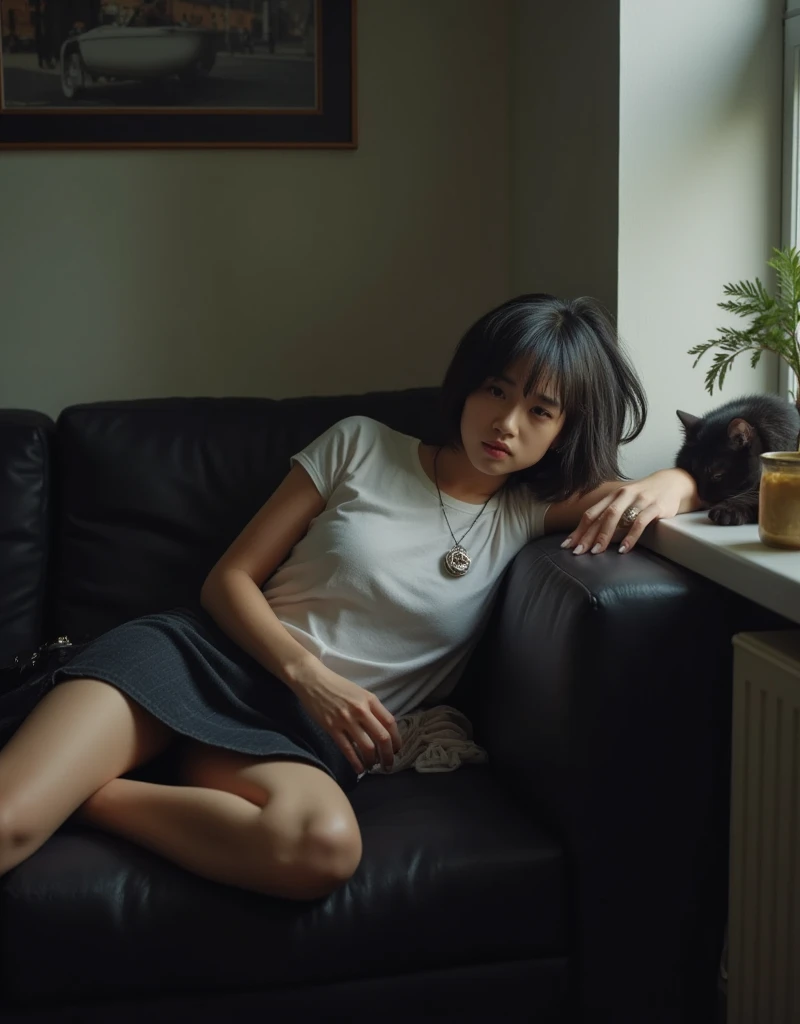 35mm photo, film, professional, 4K, highly detailed photo, Asian woman lying on a sofa in a dimly lit London apartment room, 1 person, solo, cinematic photo, Grumpy (28 years old: 1.5), dark-haired, (thin: 1.3), medium-sized breasts, thin legs, wearing platform boots, face looks lethargic and disinterested, messy black and silver short hair, very pale skin, thin, small face, very big breasts, wearing a short skirt and cropped T-shirt, simple pendant around the neck, woman lying on sofa with a black cat,