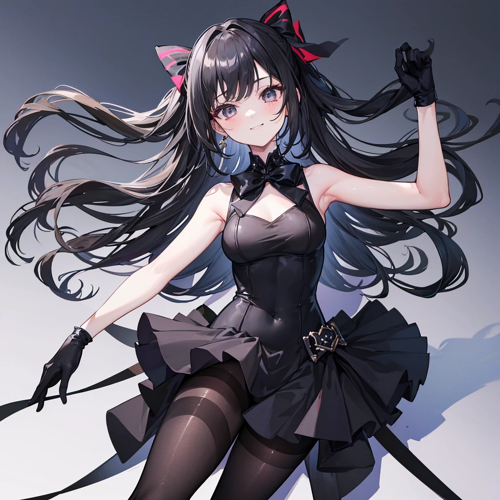 Cute girl with long black hair,Wear a black bow tie,cat ear,jk,white stockings