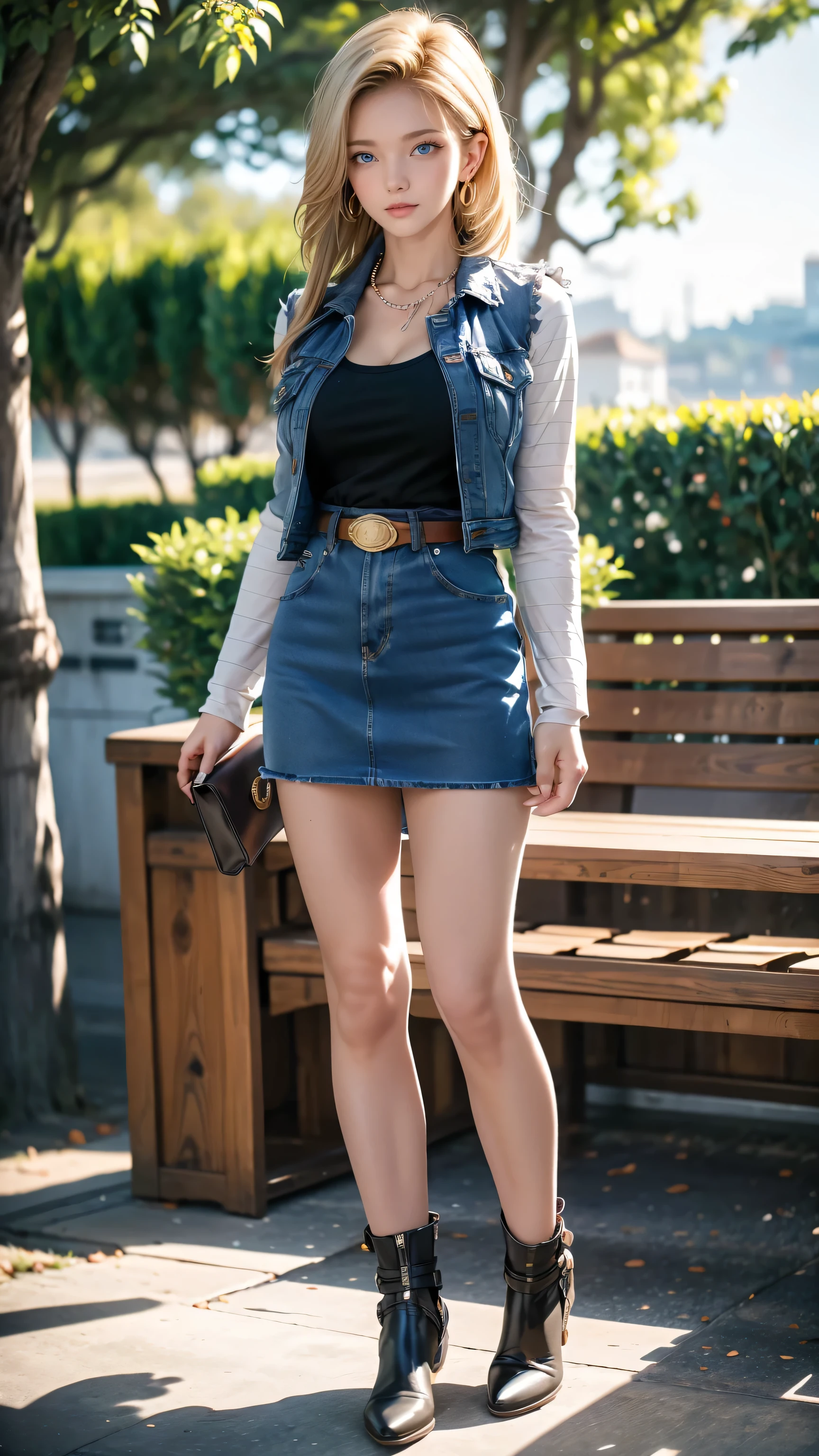 Android 18, Light Blonde hair, Medium hair shaggy cut for women, Blue Transparent eyes of Slavic Caucasians, She has sexy double eyelids above and below her eyes, The flash in the eyeballs is brilliant, She is not wearing any jewelry such as a necklace around her neck, She wears A black T-shirt that clearly exposes the cleavage, Not wearing a bra, She only Wears round earrings, Tight Long sleeves with black stripes on a white background, Blue denim mini vest, Blue denim mini skirt, The denim mini skirt and denim mini vest set in the same blue color, The mini denim vest does not have a zipper, but the mini denim skirt does, and the denim vest has five silver buttons to fasten the garment, The denim skirt's zipper seam line and stitching run vertically straight to the bottom of the skirt, and the denim vest has no zipper, so it's clean, Open-chested denim vest, Large breasts, Women's Western Cowboy Belt, Brown see-through pantyhose, Western short boots, Looking at viewer, Her whole body is visible on the screen, She is standing in front of the bench Her entire body is visible on the screen, from her head to her boots, Slight smiling with closed lips standing next to bench , Blue sky, outside, park, grass, Summer, trees, blue sky, high quality, masterpiece,