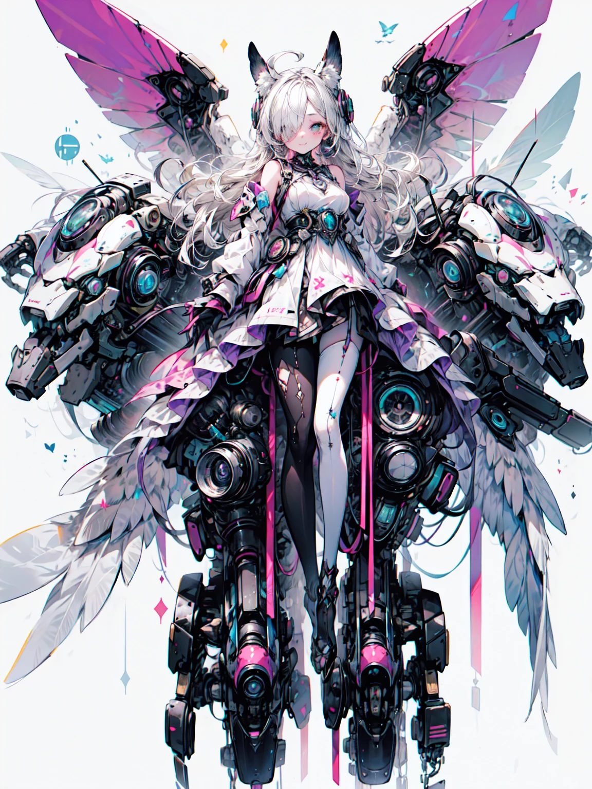 (masterpiece,   best quality), Super detailed, Anime Style, whole body,   Please wear the sparkling green eyes of Cyberpunk Girls ,  hold a high-tech rifle ,   owl wings 、Pink Hair,   in the crowd, Wearing a magical girl costume、 wear shining green eyes   , 8k high resolution,  trending art station , White background,  Stand in the wilderness  , whole body, break、（Dark Elf), (  1 girl), Alone,   perfect face, Get used to it, Ahoge, ((Long Hair:1.2)), (Hair above one eye:1.3), [[messy hair  ]], Shiny blonde white hair,   purple eyes,  colorful eyes,   colorful hair, Sparkling Eyes, (  eyelash  ,   eyeshadow, pink   eyeshadow),   bright  , smile,   design art Mikimoto Haruhiko  , Kawasaki,   By Yoshitaka Amano  