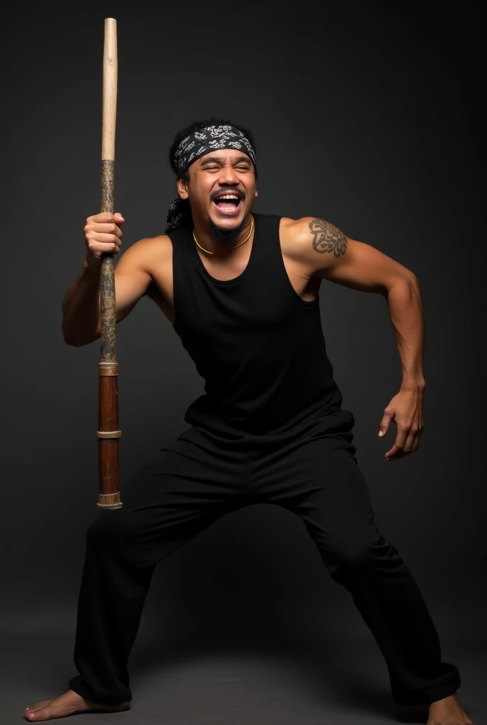 drawing of a man from the front, spitting fire with body paint on top, with a straw skirt, and wooden sticks in both hands, dancing maculele, with white image background