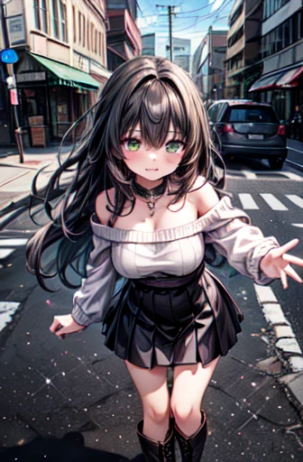 Very delicate,
beautiful girl,
break,
8k,
Highest quality,
masterpiece,
Super adopted,
Super detailed girls,
Ultra-fine illustrations,
break,
Active Pause,
Outdoor,
street,
Shiny,
bright,
Rim Light,
break,
One girl,
alone,
College years,
Perfect female body,
Black Hair,
Long Hair,
Fluffy hair,
Air Van,
Long bangs between the eyes,
Round face,
Green Eyes,
(smile:0.8),
Large Breasts,
break,
Yellow off-the-shoulder knit sweater,
brown lace up long skirt,
boots,
