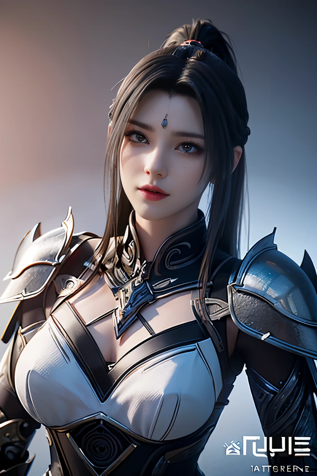 there is a woman in a corset posing in front of a rock, ornate korean polearm behind her, pretty female cleric, inspired by Li Mei-shu, <mmorpgs scene, korean mmo, korean mmorpg, intricate white and gold armor, katana zero video game character, black - haired mage, final fantasy 14 style, wearing shiny breastplate