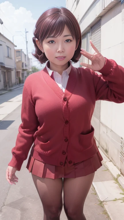 full body shot, from below,  japanese mature,  detailed face , smile,  white skin, curvy body, (red bowtie,brown cardigan,red skirt,pleated skirt,micro miniskirt,black thighhighs, earrings:1.2), (Wearing high heels:1.2), ( full body shot from toe to head, Standing on the sidewalk:1.2), ( surrealism, best quality, ultra detailed, absolutely resolution, 8k, anatomically correct), depth of field, looking at viewer, tachi-e