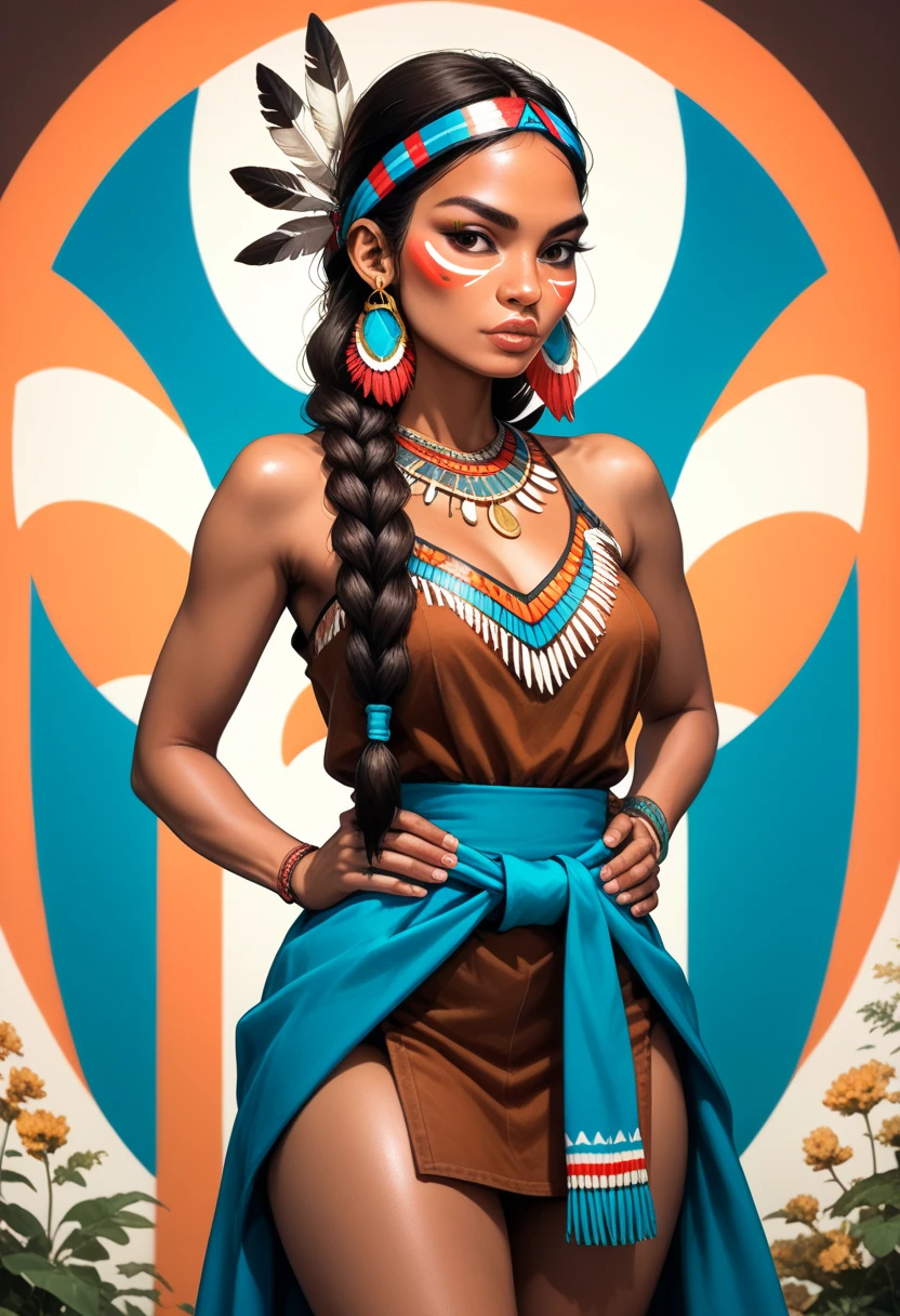 animated character, tribal appearance, colorful headdress, exaggerated facial features, oversized gloves, striped pants, bandaged left leg, textured brushwork, warm color palette, digital painting, abstract style, whimsical, full-body portrait, standing pose, neutral background