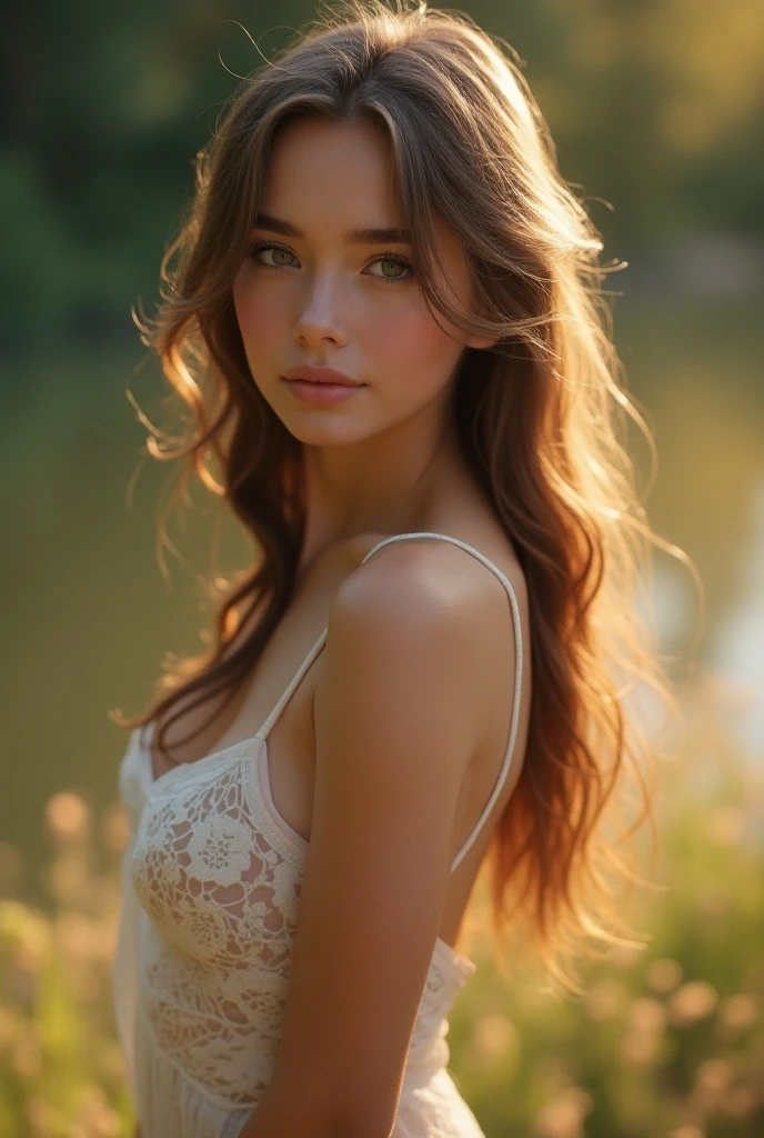 fot, taken from a distance seen full length, Female model, She is very young, plein-air, In a beatiful garden, sexy short dress, medium hips, Caucasian skin, sad for a lost love, long brown hair, a softened wry smile - contained excitement, Soft lighting on your face, realistic skin-clothes-hair textures, sky blue eyes carpeted mist, beautiful real textures and delicate aesthetics, full body view, playing guitar, notable for natural feminine beauty, noise, 8 k quality, FOTO RAW, by professional photographer, rule of thirds, Extremely Detailed