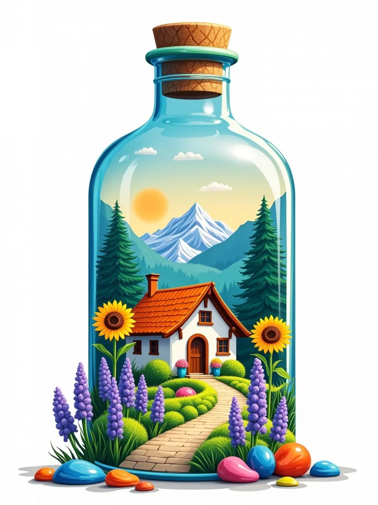 (flat, user interface vector style), (world in a bottle), heavenly colors, colorful fantasy candy house, fairy tale world, spring, seaside, rios, tree house, sunflower field, lavender, mountains, peaks, big trees, (simple illustration), (smooth line art: 1.2), (minimalism), white background, (graphic design aesthetics), (flat illustration), (Plane illustration)