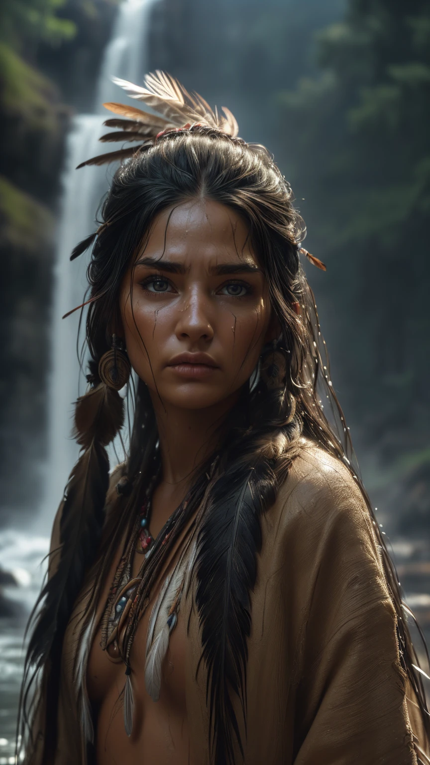 (((ultra realistic))), ((ultra-detailed face and eyes: 1.3)) ,(native girl), with very long thick hair, (feathers in hair), ((few clothes)) , ((indigenous clothing)) ,  Slim waist, (wet skin and clothes) , Near the waterfall, rain, mysterious atmosphere (sunlight, day), contrasting, ((ultra-detailed)), ((Skin detailing)), (scene from a movie about ancient people), (in detail) 