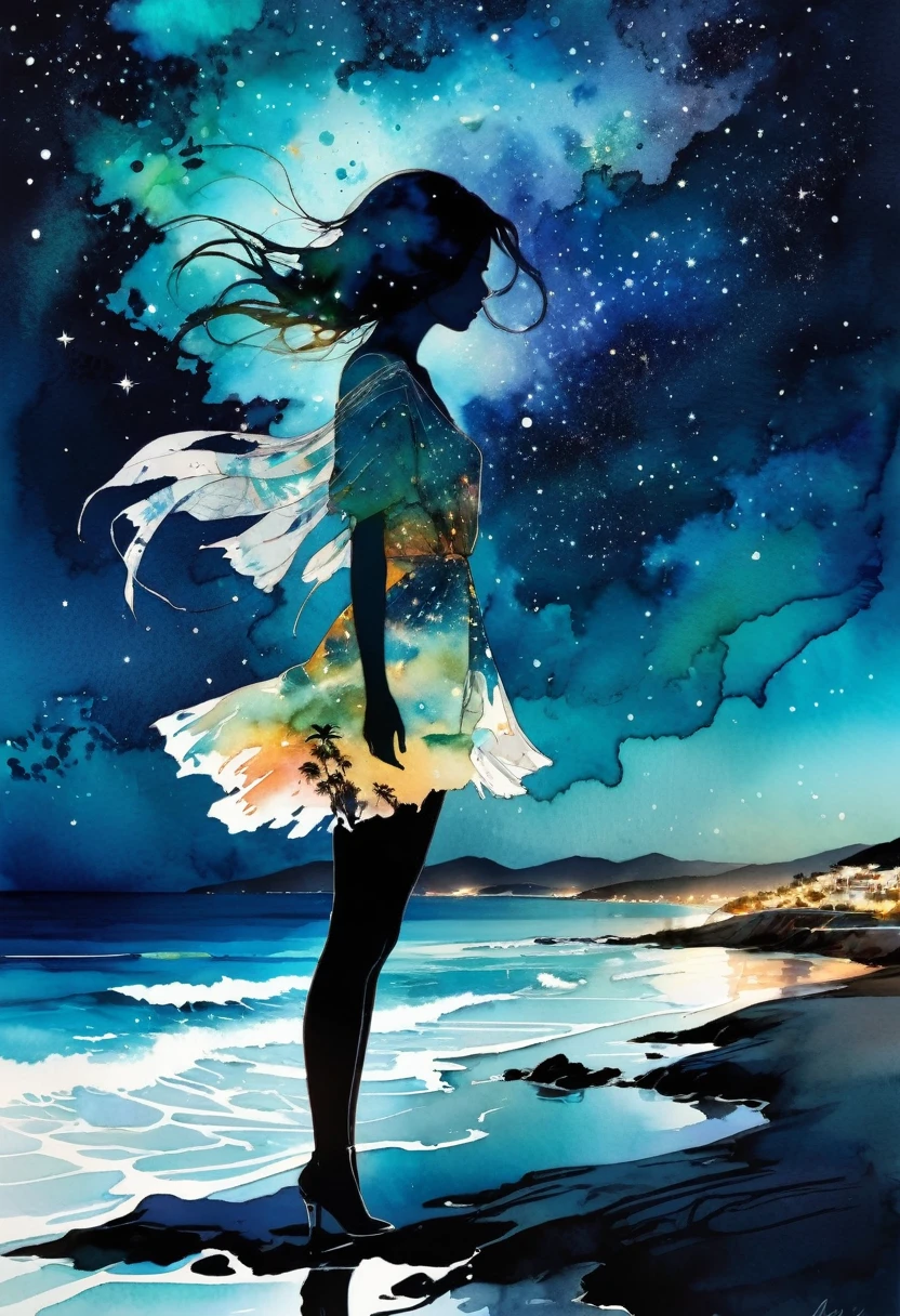 Stylized double exposure effect watercolor art, in the style of Carne griffiths, conrad roset. Silhouette superimposed against the coast of Oaxaca. Seascape at night, starry sky. Slightly impressionist, rich colors, uhd, fine art. Trending on Behance. 8k, 500px quality. Cinematic lighting. Inspired by vintage photography, in the style of Mira Nedyalkova, Tanya Shatseva and Ana Santos 