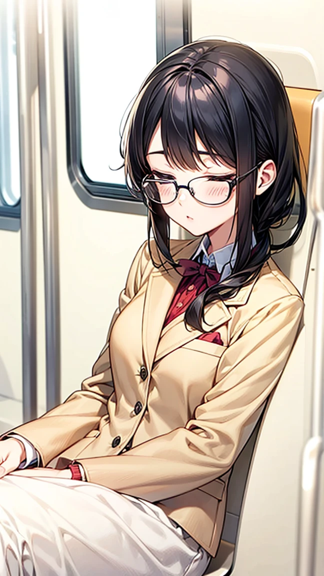 Black hair, glasses, Japanese blazer, high school girl, on train, girl sleeping on train chair