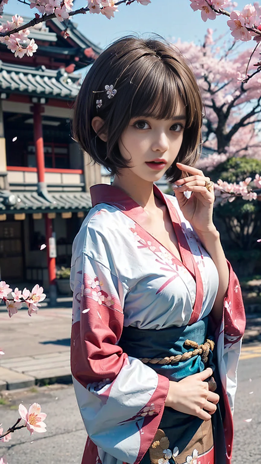 ((elaborate costume:1.6),(Traditional kimono with colorful and shiny luxury Japan:1.4),(Luxury Japanese kimono:1.4,pale and coloured Japanese kimono ,detailed embroidery:1.4)),((falling cherry blossoms:1.6)),(((Cherry blossom row),((Cherry blossom petals dance, cherry blossom blizzard)),((Super detailed scene background))),BREAK ,  1 girl, solo, show skin, extremely beautiful lady hands on hips,(looking at viewer:1.2), busty, BREAK ,intricate details,naughty, slutty, perfect hands, detailed hands, perfect eyes, detailed eyes,(serious:1.1),(gyaru:1.2), (tanned skin:1.1), (dynamic pose) ,BREAK ,(gradient ash brown colored hair:1.4), (flipped hair:1.3), (pixie cut:1.3), (streaked hair:1.2),(blunt bangs),Long narrow eyes, nasally face ,A nicely protruding chin ,(High nose),((Long bangs:1.3)),(wind:1.45), realistic, HDR, UHD, dynamic,(colorful:1.3) , blooming light effect,mix4