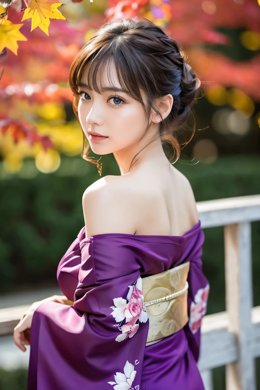 (masutepiece:1.3, Photorealsitic:1.4, 8K), top-quality, masterpiece, 超A high resolution, Professional camera work, Grow Light Effect, Realistic portrait, Cinematic Light, Highly detailed skin and facial texture:1.3, Perfect dynamic composition, The ultra-detailliert, A detailed eye, Detailed limbs, autumn night, Lit up, Autumn foliage scenery:1.2, 1girl in, Cute sexy 21 year old slim woman, Fair skin, Autumn leaves are dancing:1.2, (Enraptured look:0.9, Totally captivates you:1.0), (Purple kimono:1.35 off shoulder), (voluptuous breasts:0.9), (Facing the front, Calm pose), (Beautiful blue eyes, Eyes that feel beautiful eros:0.85), Sexy face:0.4, (A mouthfeel that feels beautiful eros:0.85), ((Too cute beauty:0.9))