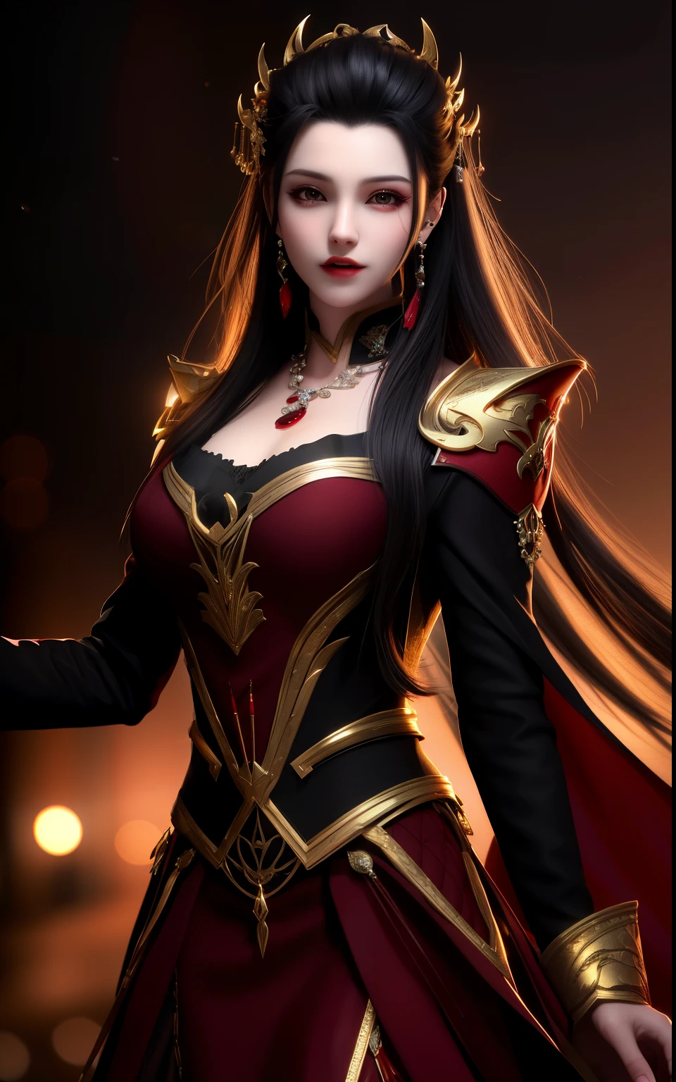 best quality, masterpiece, highres, 1girl, hanfu, white and even teeth, chinese underwear, hair ornaments, necklace, jewelry, crown jewelry. Pretty face, upper body, magic import style, tyndall effect, photorealistic, dark studio, border light, two tone light, (high detail skin: 1.2), 8k uhd, dslr, soft light, high quality, volumetric light, candid, Photo, high resolution, 4k, 8k, Bokeh, (light pink lips), 1 beautiful demon from hell, In the Dark: 1.6), surreal female portraits by David Hockney and Alphonse Mucha, fantasy art, photorealism, dynamic lighting, station art, posters, volumetric lighting, highly detailed faces, super 8k, Awarded, in the dark, deep shadow, low light, cowboy lens, (Red phoenix dress: 1.4), long hair, black hair, bust, palace luxury, Royal style, crown devil, red eyes with very sharp and detailed makeup, Best face, Very big and round and round breasts, Surreal, chinese women's clothes, turtleneck polo shirt, charming smile, Beautiful eyes makeup, guweiz, devil style, black mesh stockings, ponytail with a bow at the back, dark red lips, Devil tattoo on shoulder, wearing a thin red and black shirt , cape, overcast and thundering landscape, (Portrait), Protagonist Close-up, (Background detail 1.8),