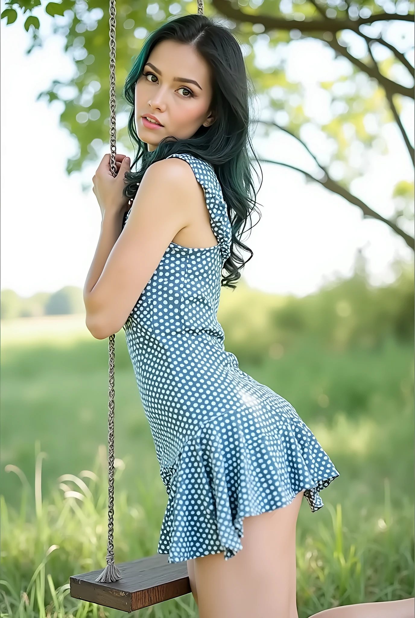 16 year old girl with black hair and white skin and body wearing a sundress, she is outside in forest