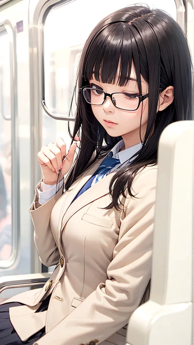 Black hair, glasses, Japanese blazer, high school girl, on train, girl sleeping on train chair