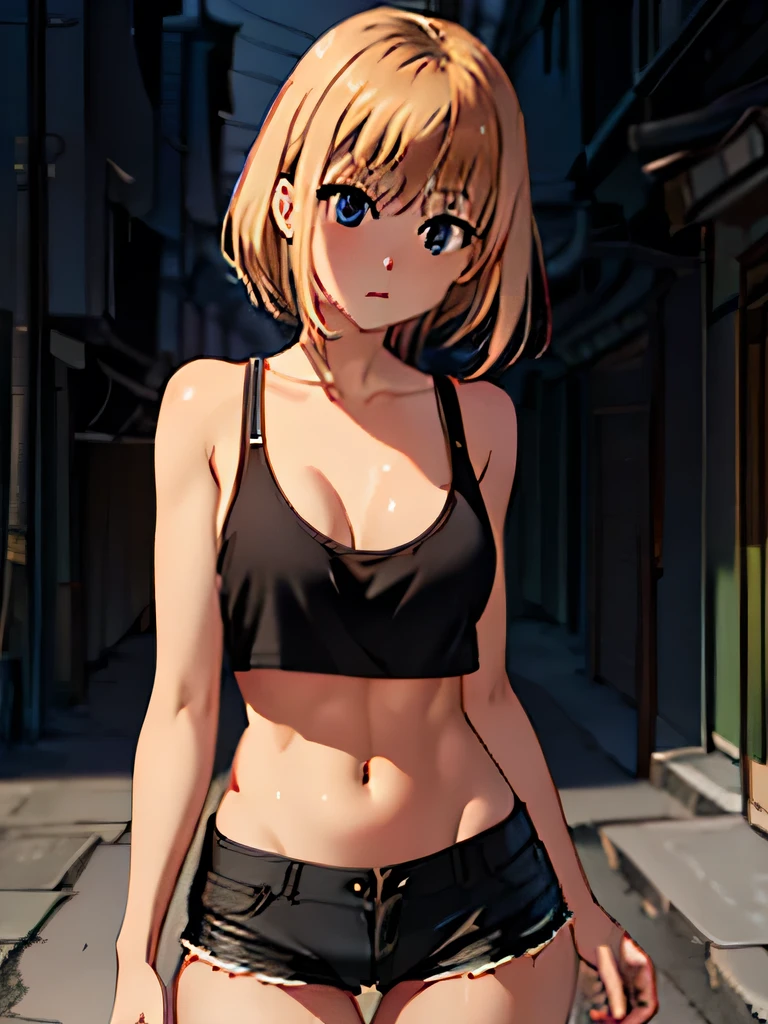 girl, slim ,  short tight shorts ,  black thong , The navel is shown, street background, Open legs, Night,  tight t-shirt A narrow alley between houses, Night, rain, naked ass,  slim body 