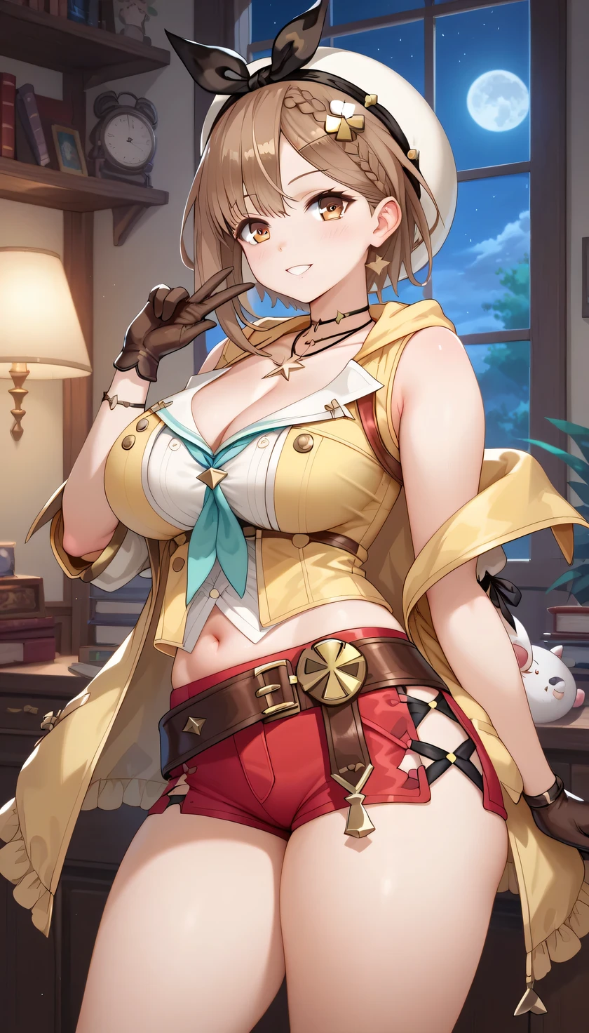 high resolution, (alchemy), girl victory, Liza's room,      Atelier Ryza     , (mesugaki), the girl is young,  the girl has big breasts, (thin waist), big butt, and plump thighs, Thin arms、slender body, (the girl is cute), brown hair, straight short Hair, (Lizarin =Stout ),  yellow sleeveless jacket with hood 、 cleavage、natural shirt with open chest、 choker with star、Leather gloves、 red shorts with buttons off 、  headband with black bow 、 brown leather belt 、belly button、jitome, night,   place one hand on your lower back, raise the finger of the other hand, and stretch it toward you、close up breast, 