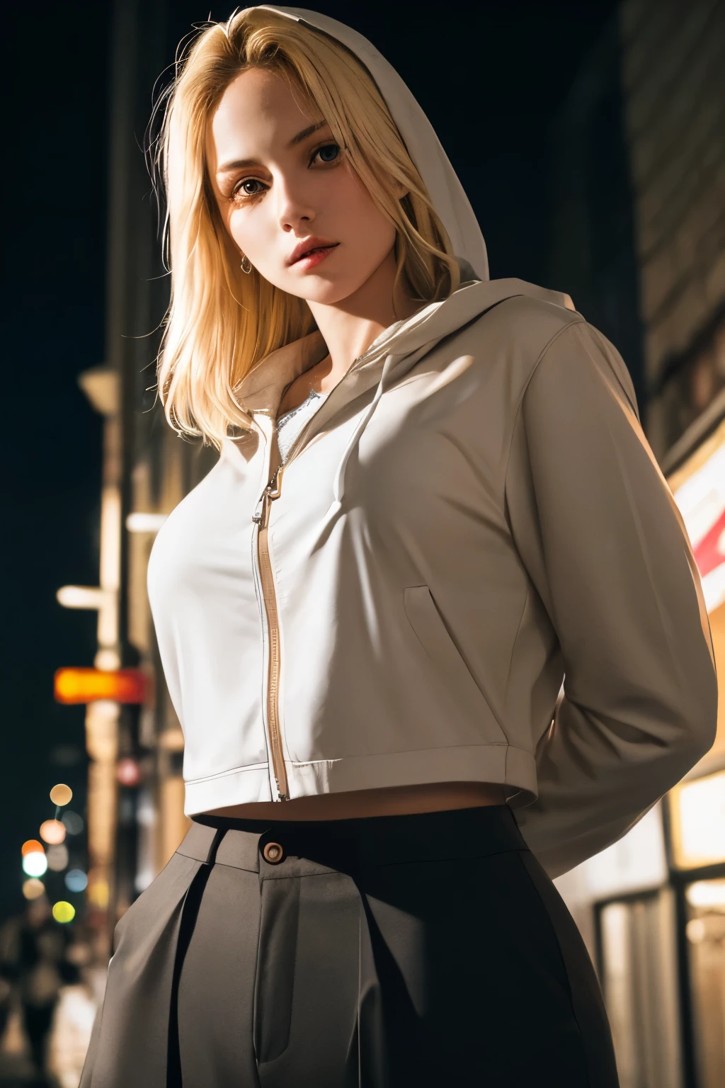 (best quality, masterpiece, high resolution:1.1),(photorealistic:1.4), raw photo, hyper detail, high detailed portrait, natural light, natural shadow,  Beautiful european girls with blonde hair, slim waist, cropped hooded jacket, White blouse, long pants, Unbuttoned shirt, ‎night street,neon light, in the dark,arms behind head