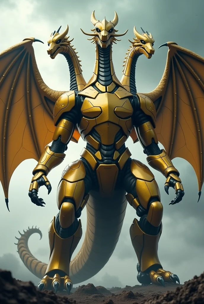 Mechagidora 、 King Ghidorah made into a robot 、A giant three-headed dragon、 golden body color 、 has three necks 、Big feather、 has a long neck and a face like a dragon、腕は無くBig featherになっている、