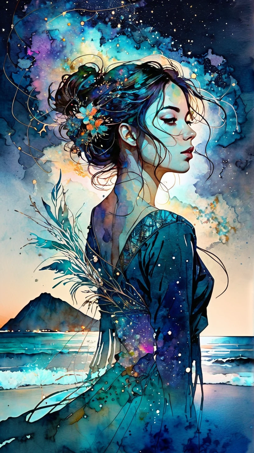 Stylized double exposure effect watercolor art, in the style of Carne griffiths, conrad roset. Silhouette superimposed against the coast of Oaxaca. Seascape at night, starry sky. Slightly impressionist, rich colors, uhd, fine art. Trending on Behance. 8k, 500px quality. Cinematic lighting. Inspired by vintage photography, in the style of Mira Nedyalkova, Tanya Shatseva and Ana Santos 