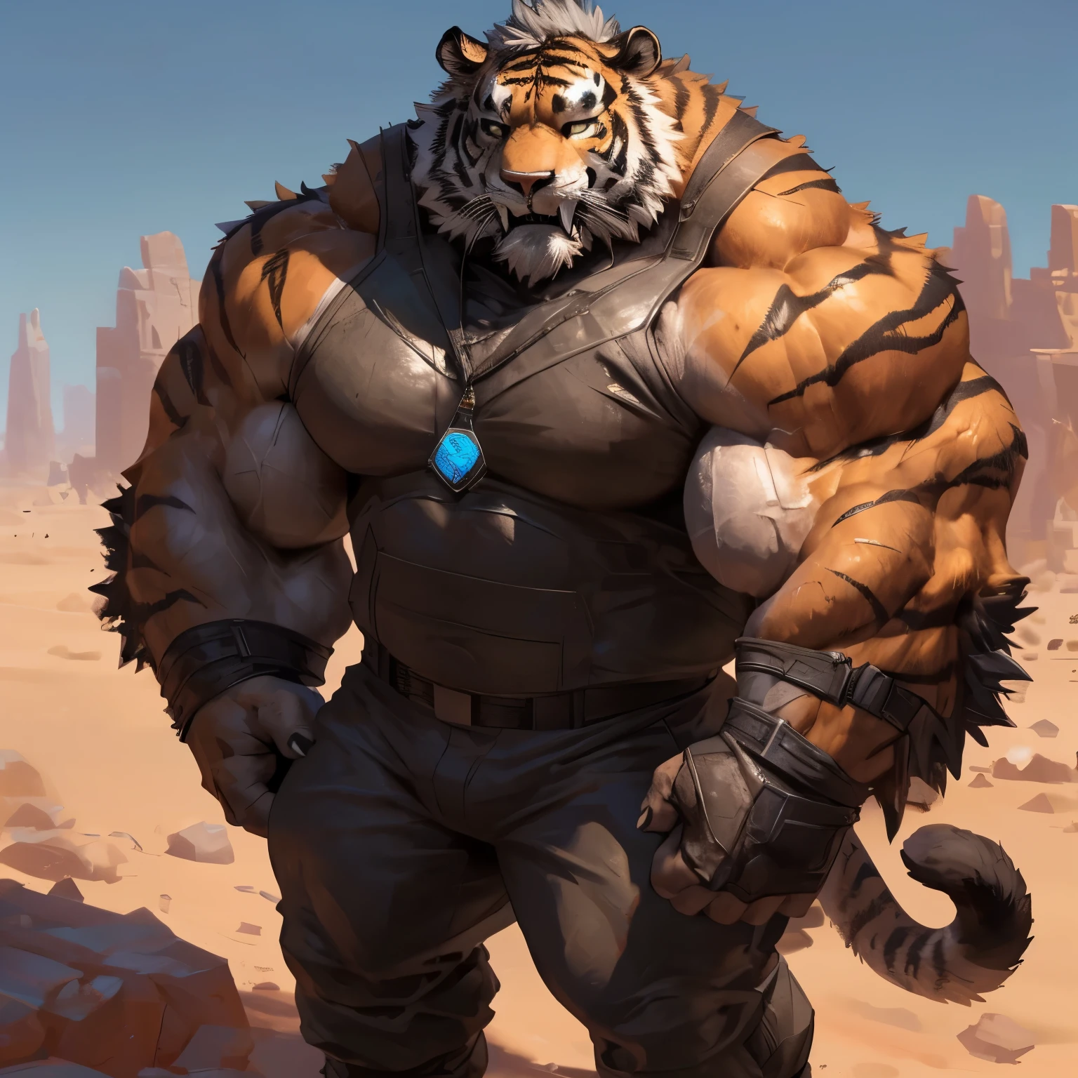 By Taran Fiddler, an anthropomorphic badass experiment bodybuilder sabertooth tiger (realistic, detailed, american shot, muscle mountain, aesthetic body, largest possible muscles, well-built body, 2 meters tall, tall, brown fur, aesthetic physique, beefy, massive physique, broad-shouldered, very stocky, very burly, muscular oversized body, muscular oversized arms, sabertooth tiger tail, sabertooth tiger head, yellow body (yellow fur, grey mane, grey thick full mustache, grey thick trimmed short beard, grey short hair,orange glowing eyes), grey fur, naked upperbody, wears a black futuristic armored military pant, wears black futuristic military boots, ready to fight) ready to fight in a desert with giant crystals.