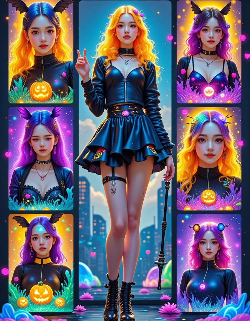 a photorealistic character sheet in a 9x9 grid layout featuring a single consistent character, a cyberpunk witch femme fatale. Each square should showcase different aspects of her design. Include close-ups of her striking features like neon orange or purple hair and piercing eyes enhanced with spooky cybernetic implants that glow in the dark. Show variations of her outfits, highlighting sleek black leather jackets with bat-wing motifs, high-tech accessories like magic wands with glowing runes, and edgy footwear with skull buckles. Add elements like spooky tattoos of bats and spiders and glowing circuitry on her skin that resembles witchy symbols. The background should be a dark, futuristic cityscape on Halloween night with neon lights in the shape of pumpkins and ghosts, emphasizing the character's bold and mysterious persona