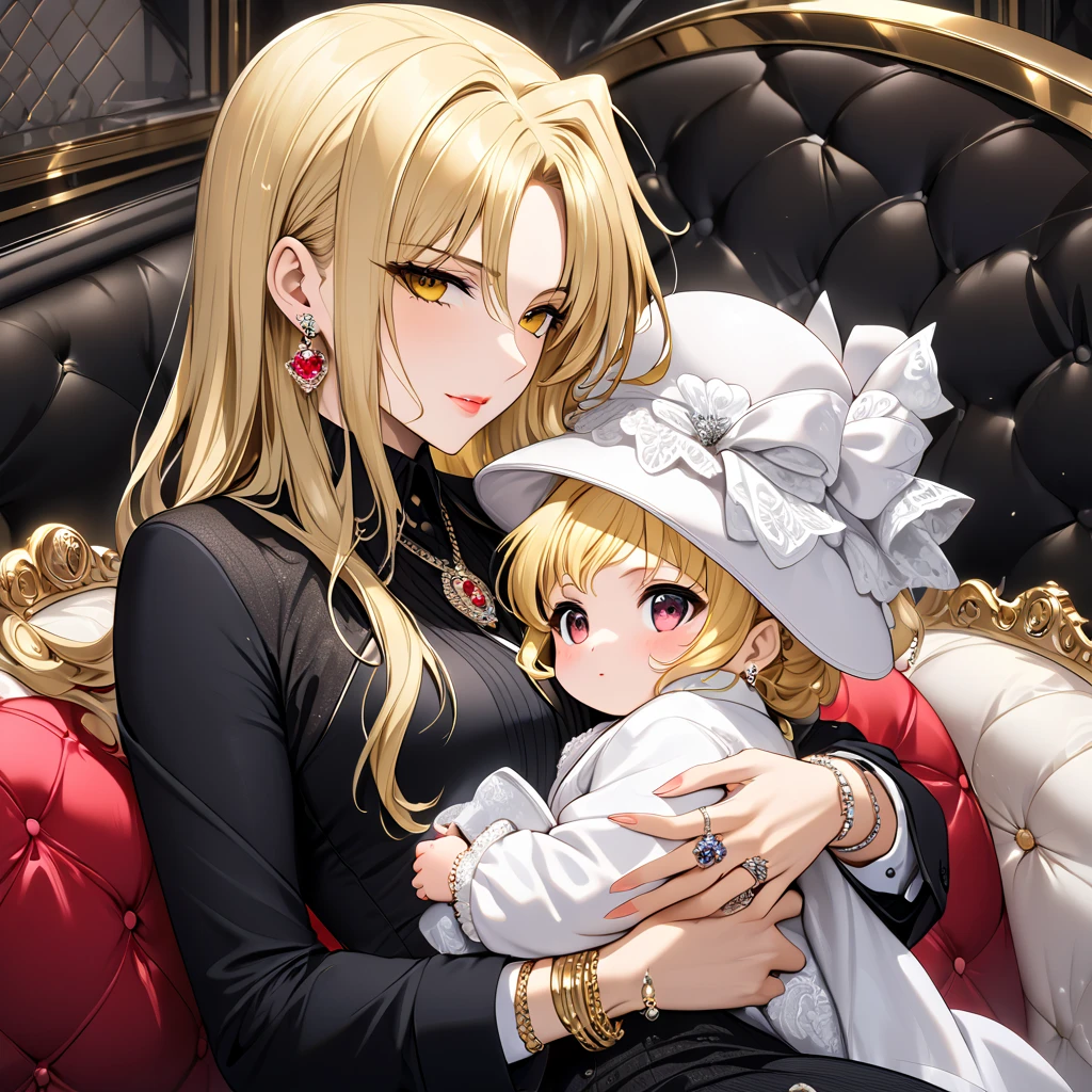 The woman who is the wife of a mafia boss holding a baby is hugged and together by a strong black mafia boss man who is the wife of a strong black mafia boss man who wears a beautiful blond Fate Testarossa holding a baby, is adorned with jewelled earrings, bangles, rings, and luxurious accessories such as necklaces and waist chains, and wears luxurious costumes They are happily snuggling up on a luxurious sofa、(( best quality)), ((masterpiece)), ( Details), （ perfect face）,The woman who became a Mafia boss's wife in both body and mind is a blond Fate Testarossa with excellent proportions 