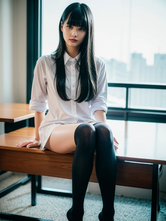 ((masterpiece)), (Realistic: 1.2) masterpiece, 最 High Quality ,  High Quality ， white skin, 最 High Quality ,  Ultra Details,Mature，beautiful,  black hair， Long Hair， With bangs， school uniform，Big Breasts ，Above the knee socks，10th Generation， Fascinating ，feet， Full body pose ,  very detailed， high definition ,  open lips