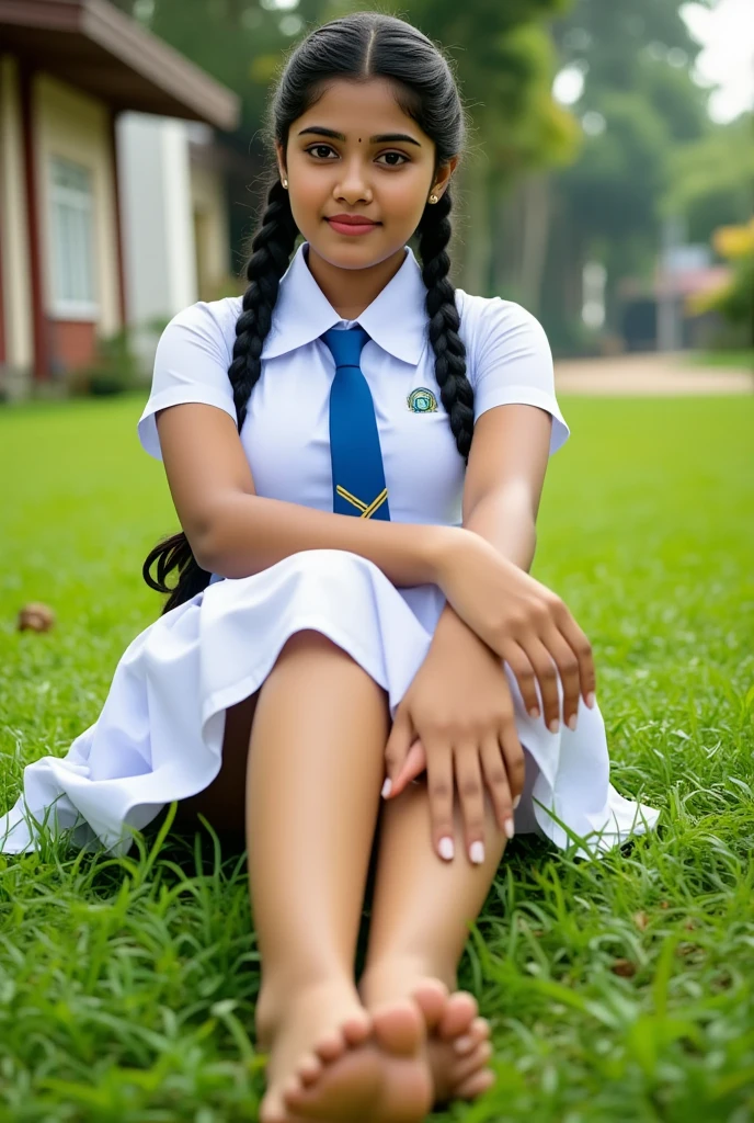 beautiful cute Sri Lankan school girl, in barefoot, Large breast size , 20 years old, wearing a white frock and a blue tie. She has plaits, black braided long hair, barefoot, correct anatomy of feet and other body parts, feet focus, sitting on the grass floor, brown skin tone, sweaty skin, sweaty soles
