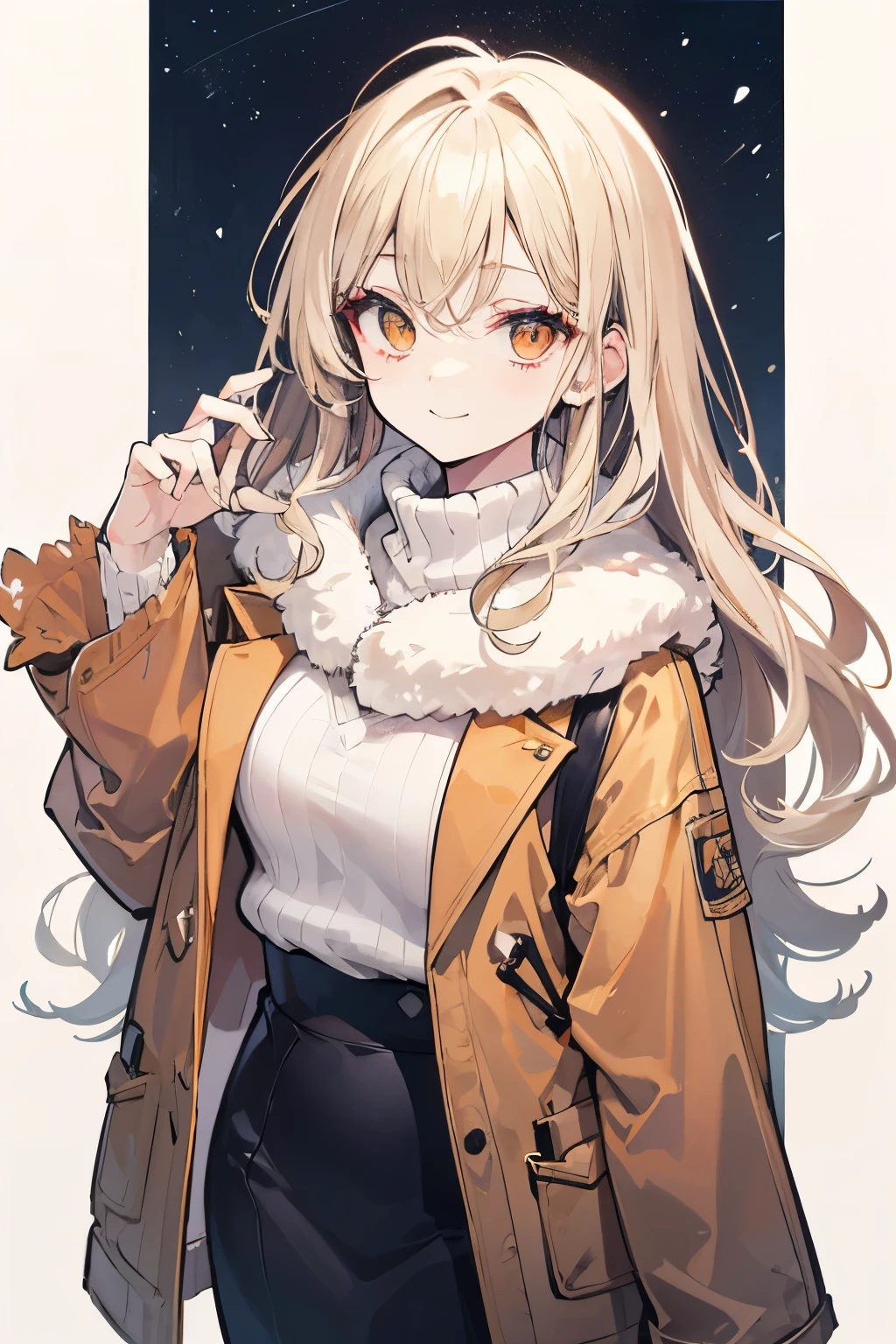   high definition、 best quality、masterpiece、超 high definition、1 female、Age 25、Simple Background、 long hair、Beige Hair、Natural Curl、 Medium Hair 、 orange eyes 、Slanted Eyes、smile、 slender figure,Winter clothes、 head on、